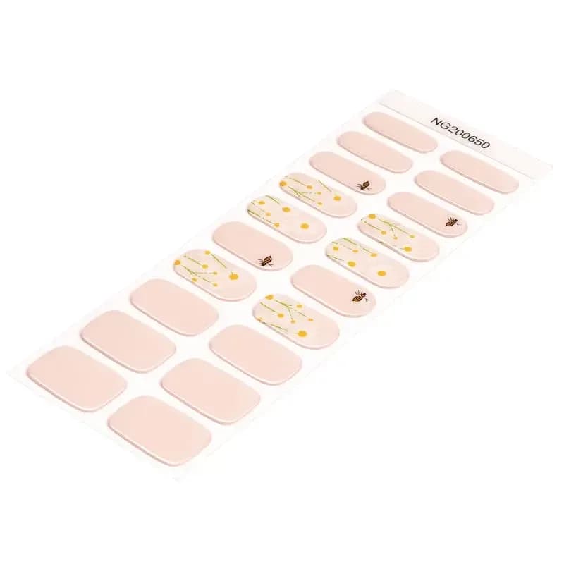 Honey Bee blush gel nail strip sheet with daisy and bee accents, angled view