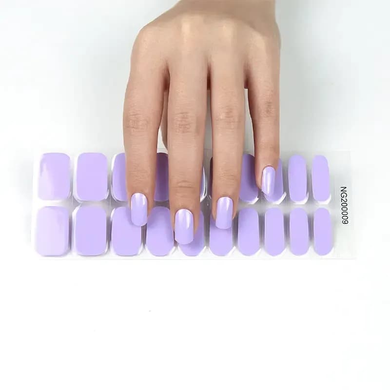 Lavender Fields lilac gel nail strips, the full 20-strip sheet under a manicured hand