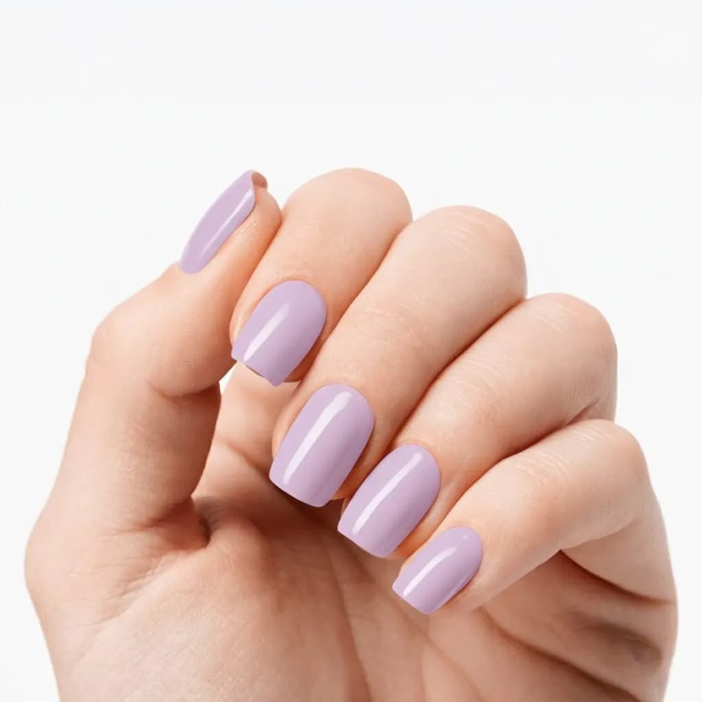 Lavender Love dusty lavender pink semi-cured gel nail strips shown on real nails