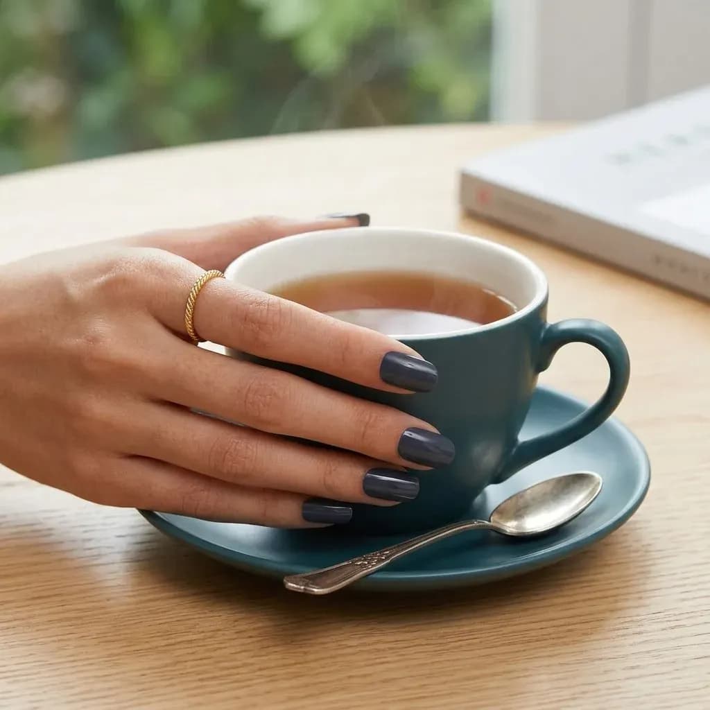 Midnight Navy gel nails holding a teal cup of tea on a saucer