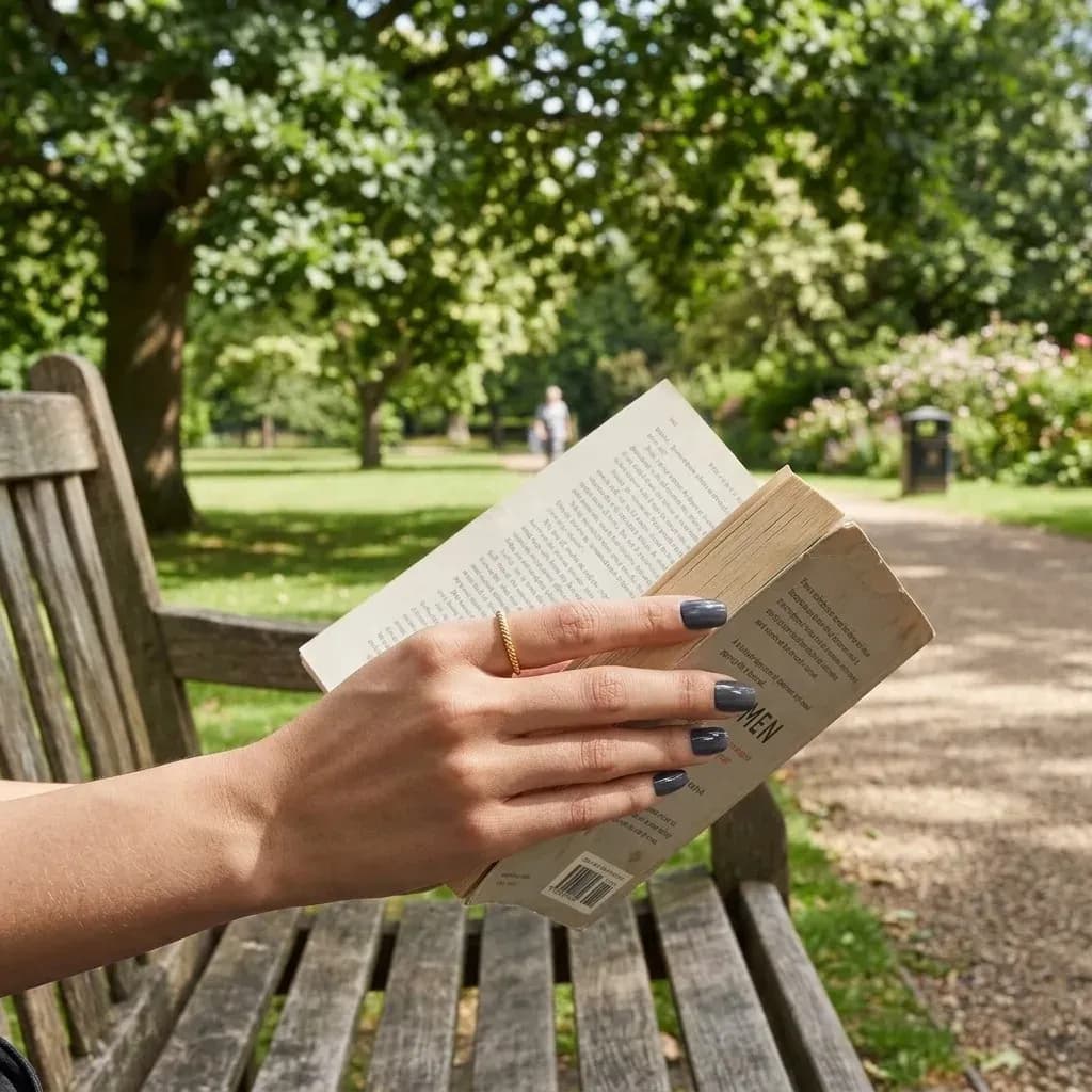 Midnight Navy manicure holding a paperback on a park bench