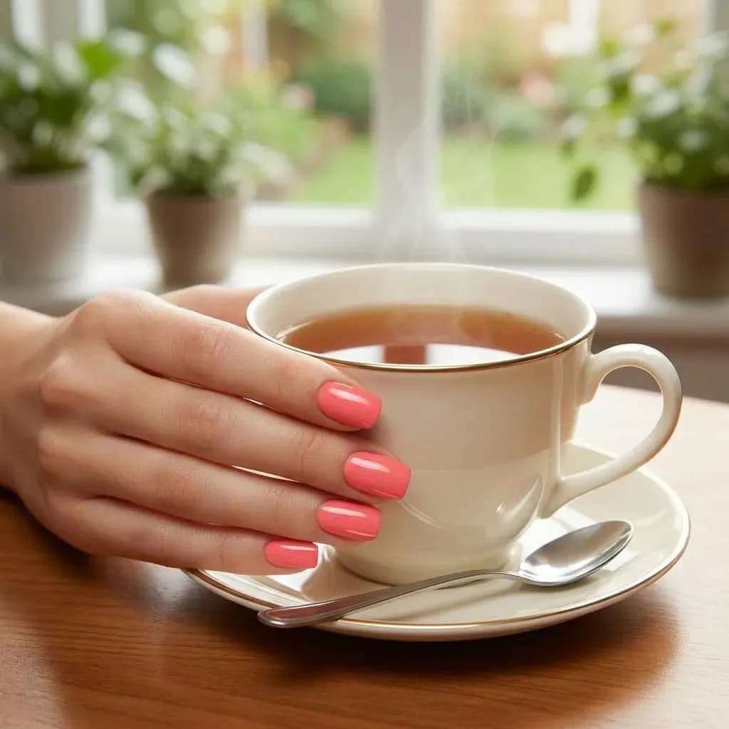 Pretty in Pink coral pink gel nails holding a cup of tea by a window