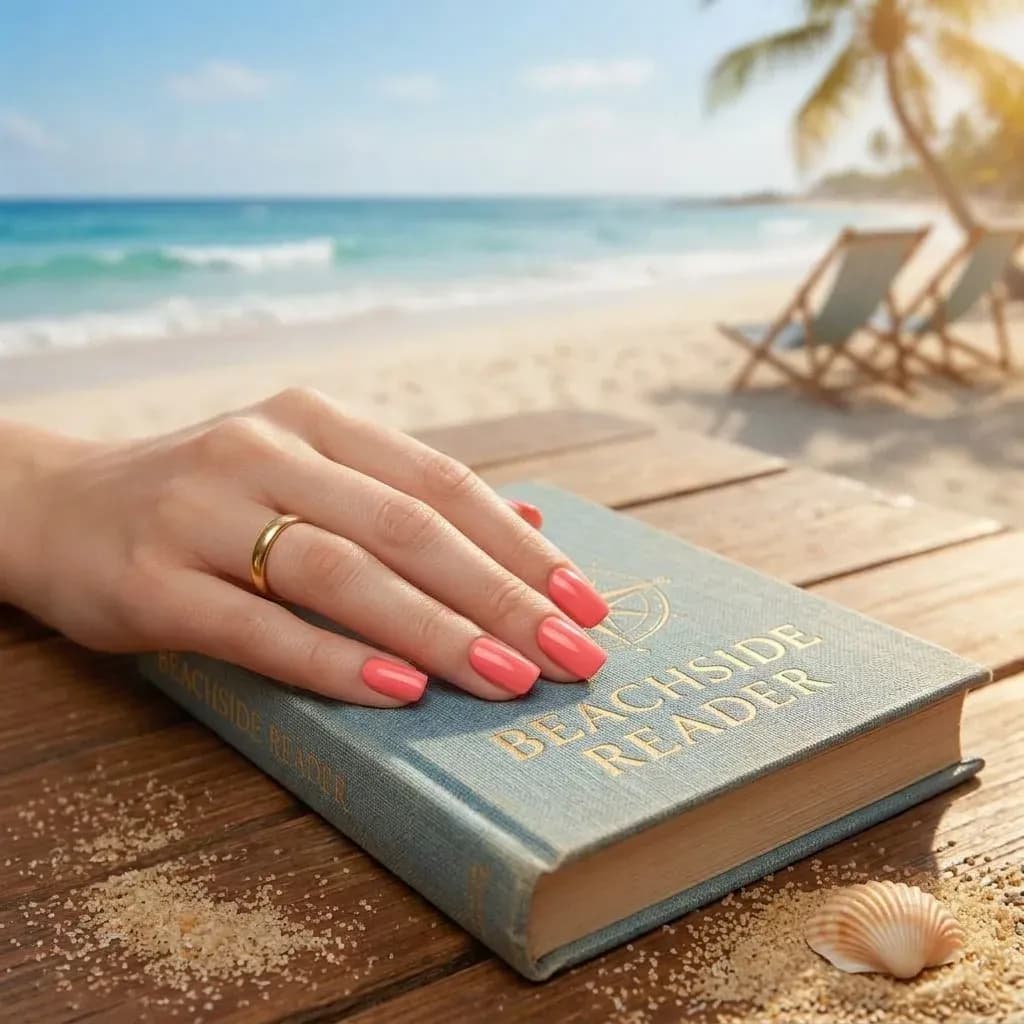 Pretty in Pink coral pink gel nails resting on a book at the beach