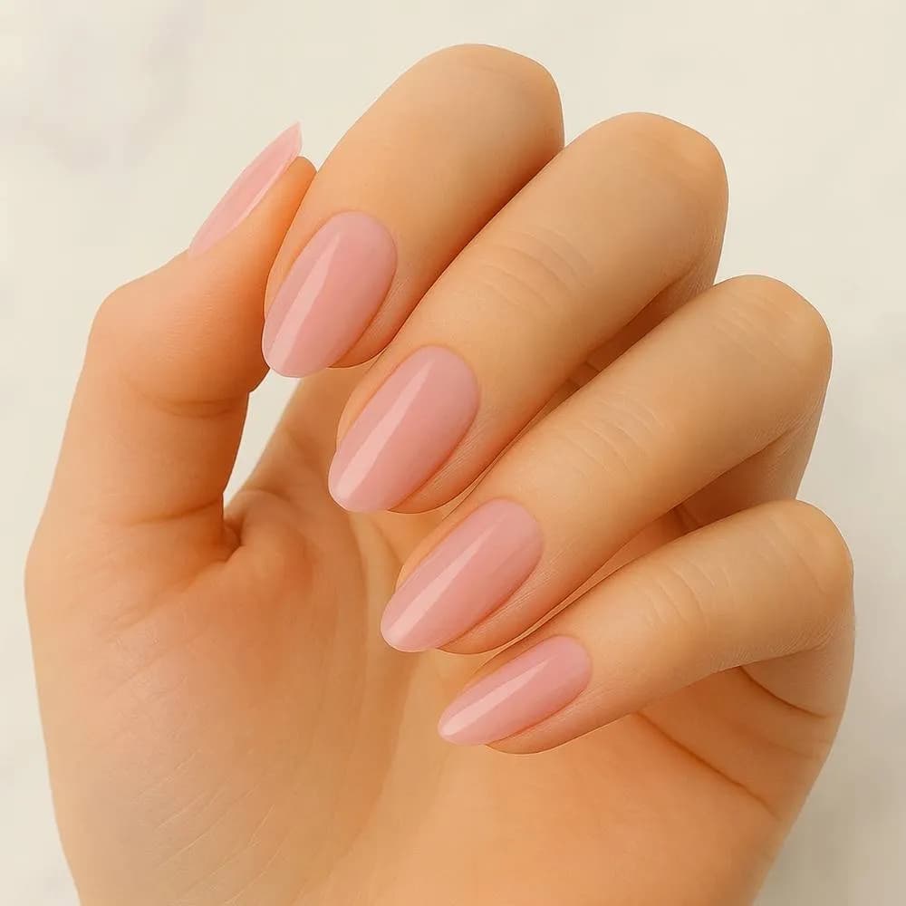 Rosy Glow soft pink semi-cured gel nail strips, close up on real nails