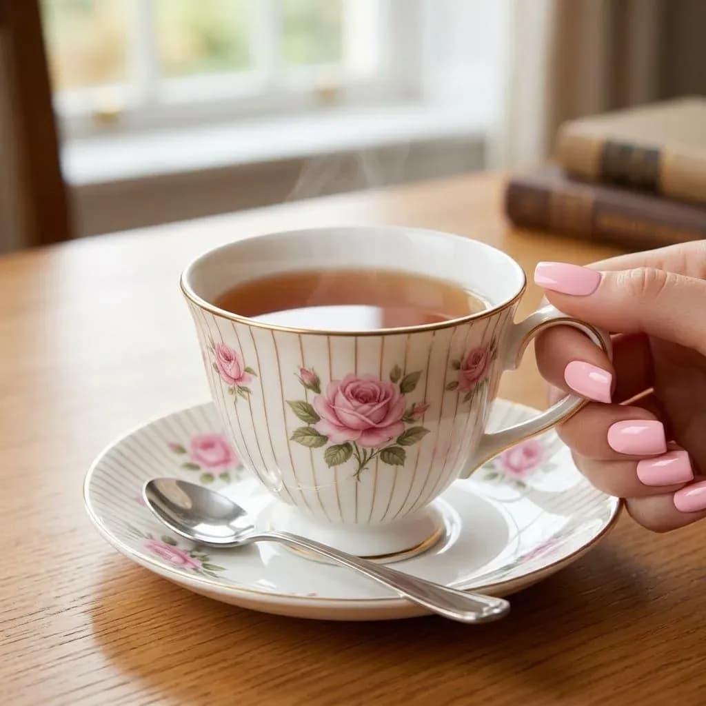 Rosy Glow soft pink gel nails holding a rose patterned teacup