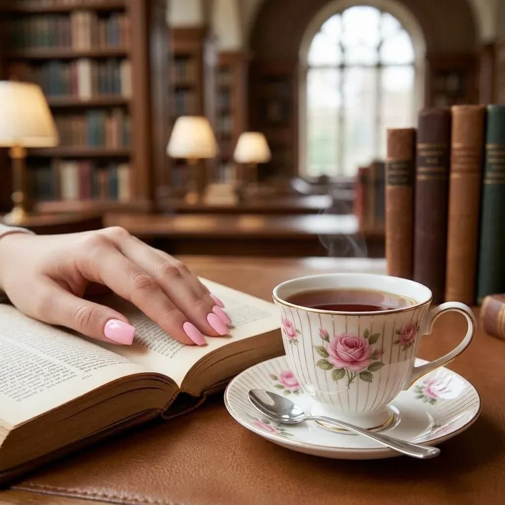 Rosy Glow soft pink gel nails resting on an open book in a library