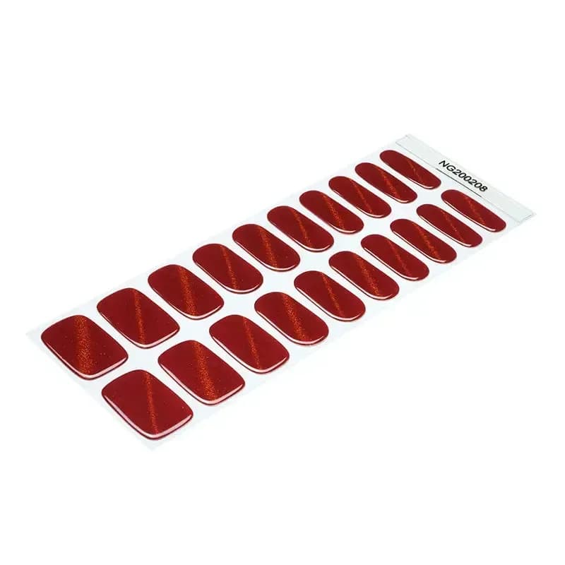 Ruby Slippers glittering red gel nail strip sheet, angled view