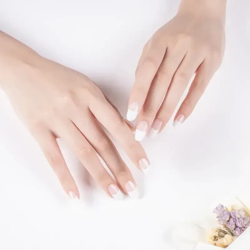 Silver Lined French Tip gel nails on both hands with dried flowers