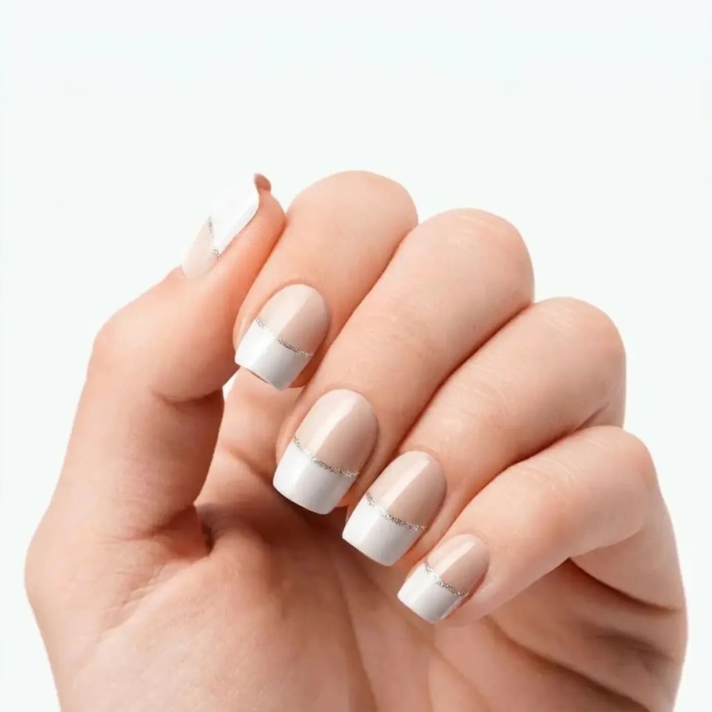 Silver Lined French Tip semi-cured gel nail strips: white tips with a fine silver glitter line, shown on square nails