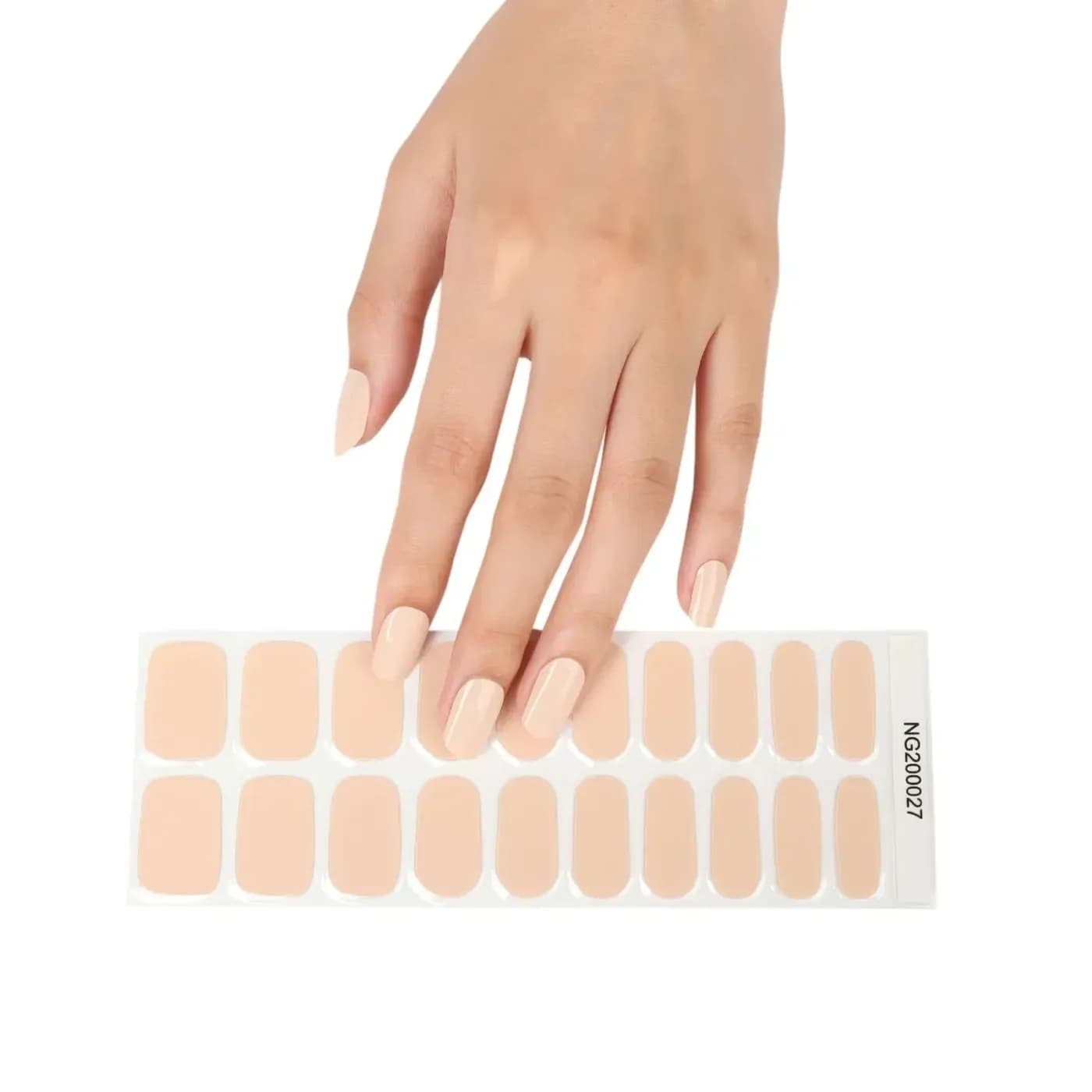 Think Pink pale blush pink gel nail strips, the full 20-strip sheet under a manicured hand