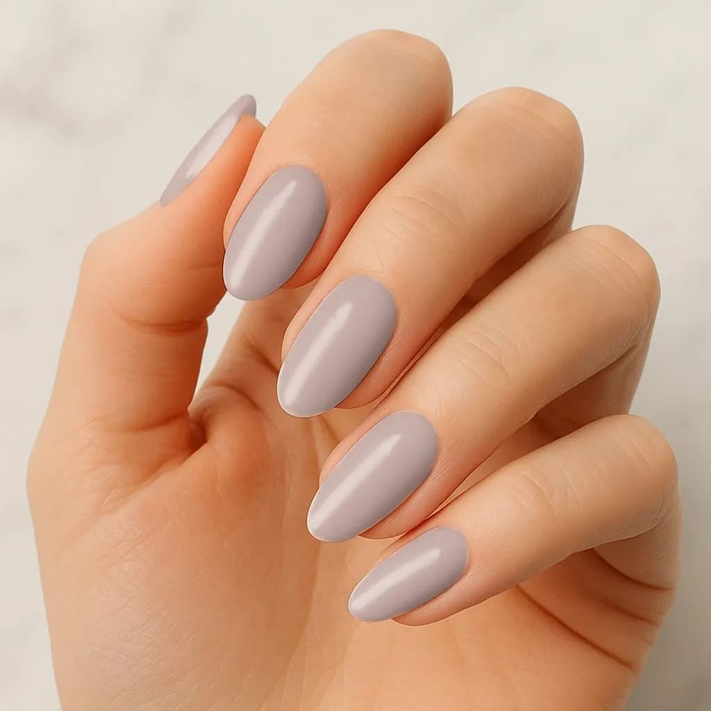 Timeless Taupe greige semi-cured gel nail strips, close up on real nails