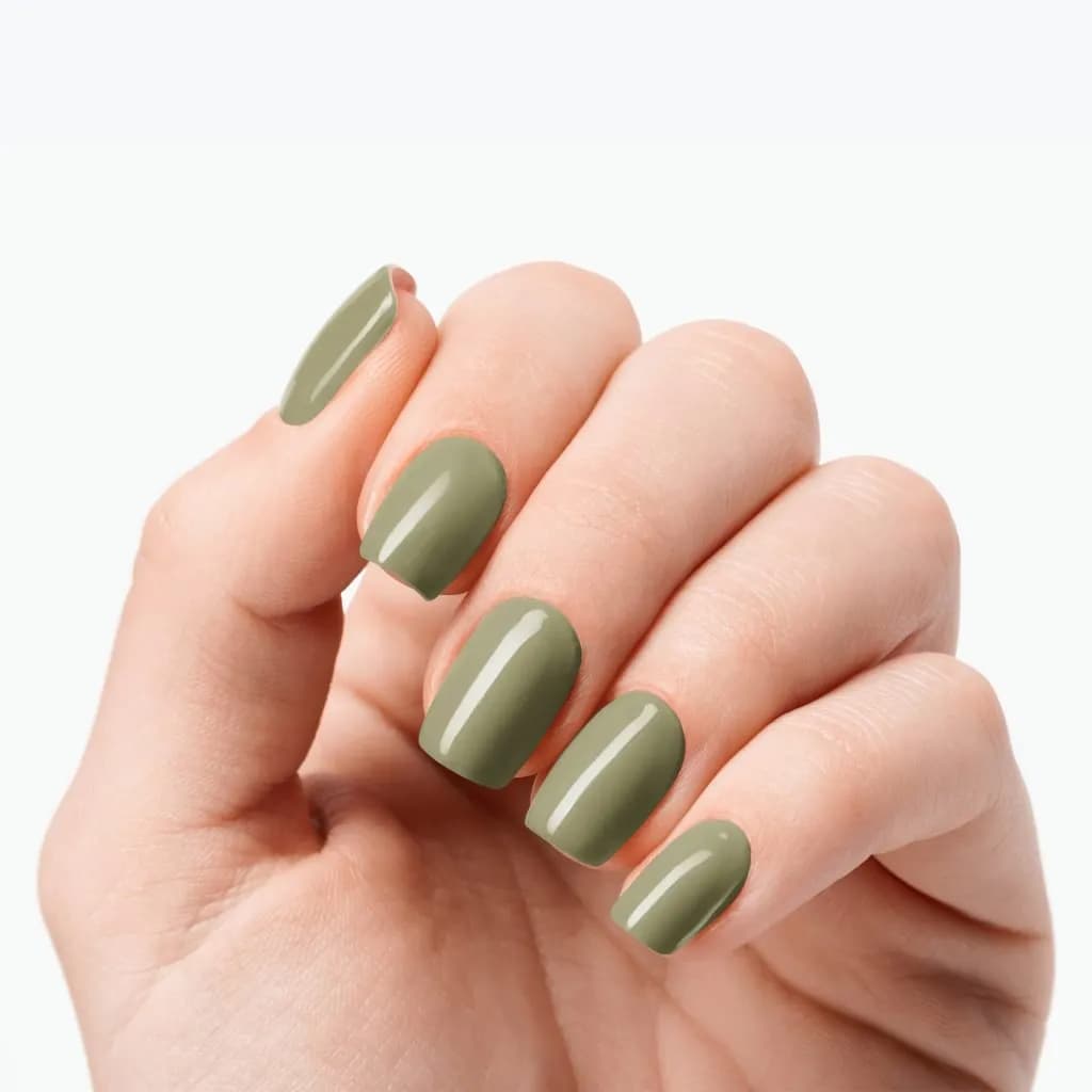 Urban Jungle sage green semi-cured gel nail strips on square nails, light skin tone