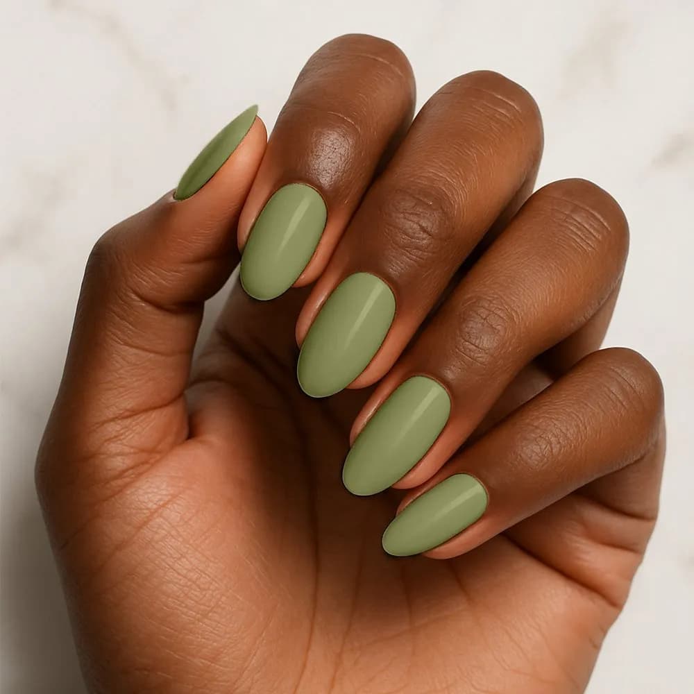 Urban Jungle sage green semi-cured gel nail strips on almond nails, deep skin tone