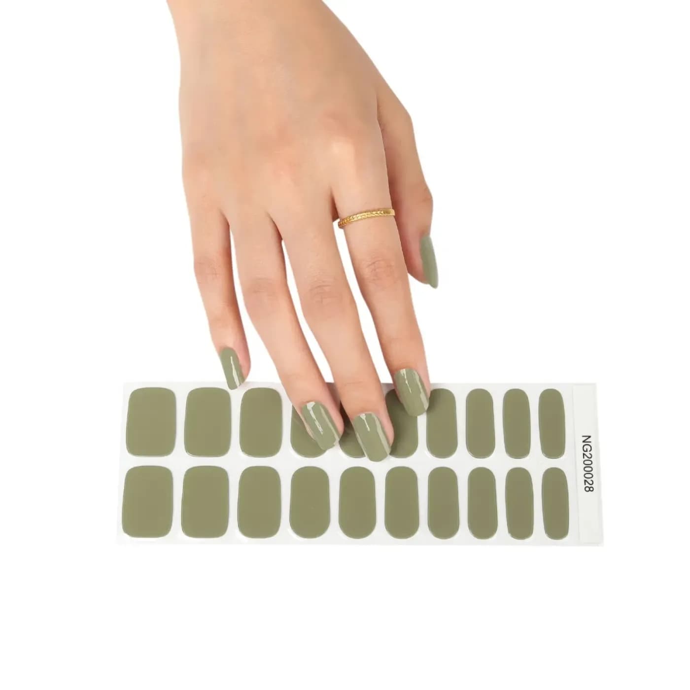 Urban Jungle sage green gel nail strips, the full 20-strip sheet held over a manicured hand