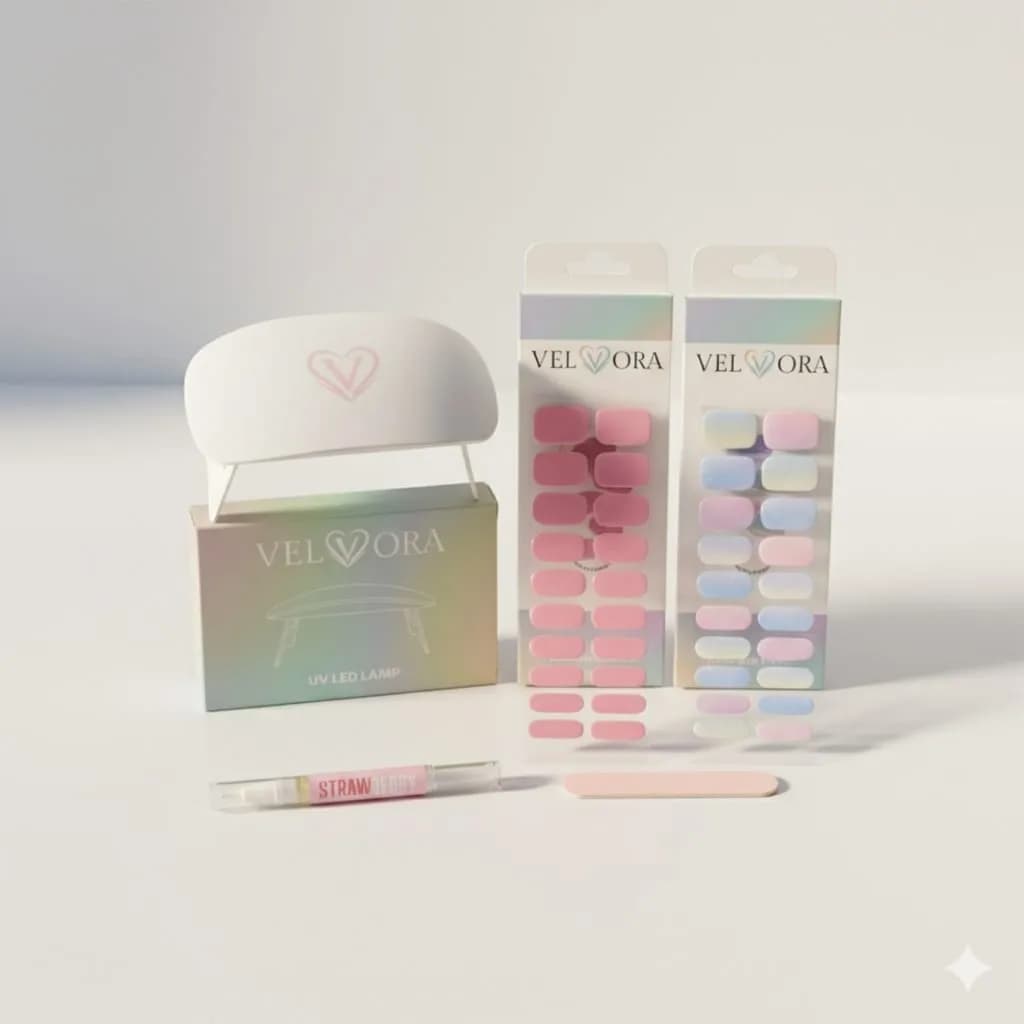 Velvora Gel Nail Strips Starter Kit – 2 Gel Strips, Cuticle Oil &amp; LED UV Lamp