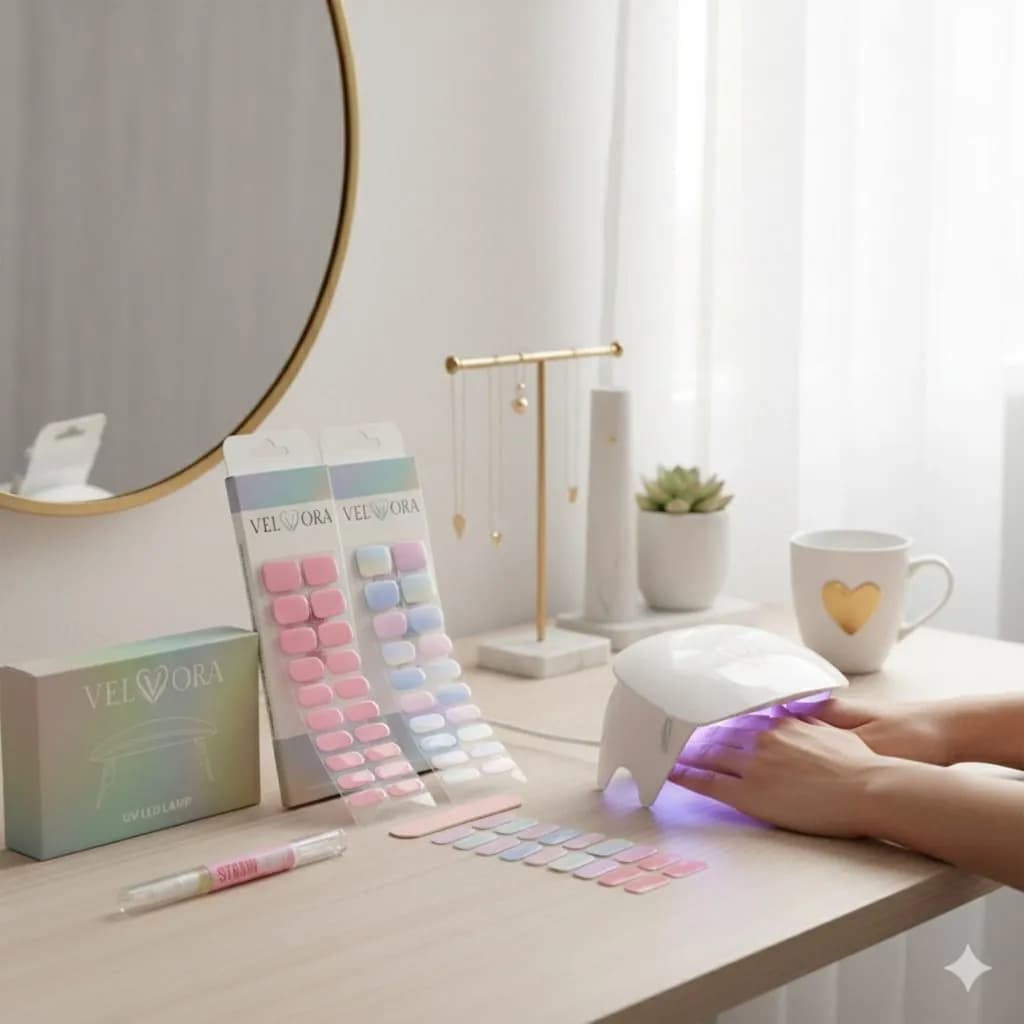Velvora Gel Nail Strips Starter Kit – 2 Gel Strips, Cuticle Oil &amp; LED UV Lamp