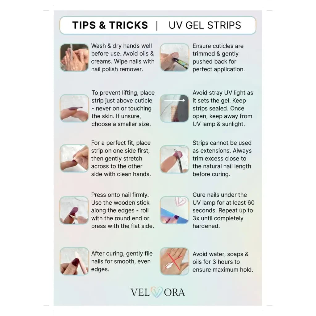 Velvora Gel Nail Strips Starter Kit – 2 Gel Strips, Cuticle Oil &amp; LED UV Lamp