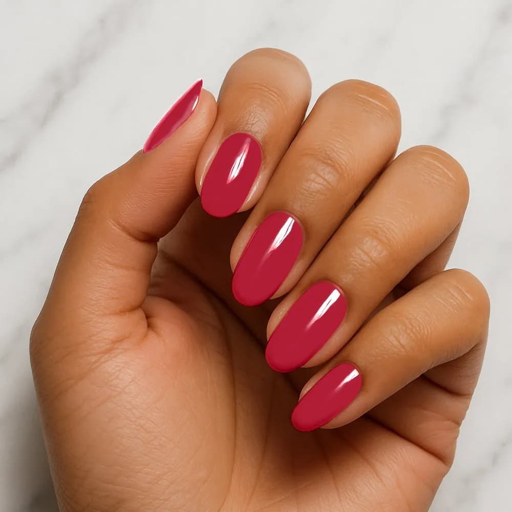 Wild Orchid raspberry pink semi-cured gel nail strips, close up on real nails