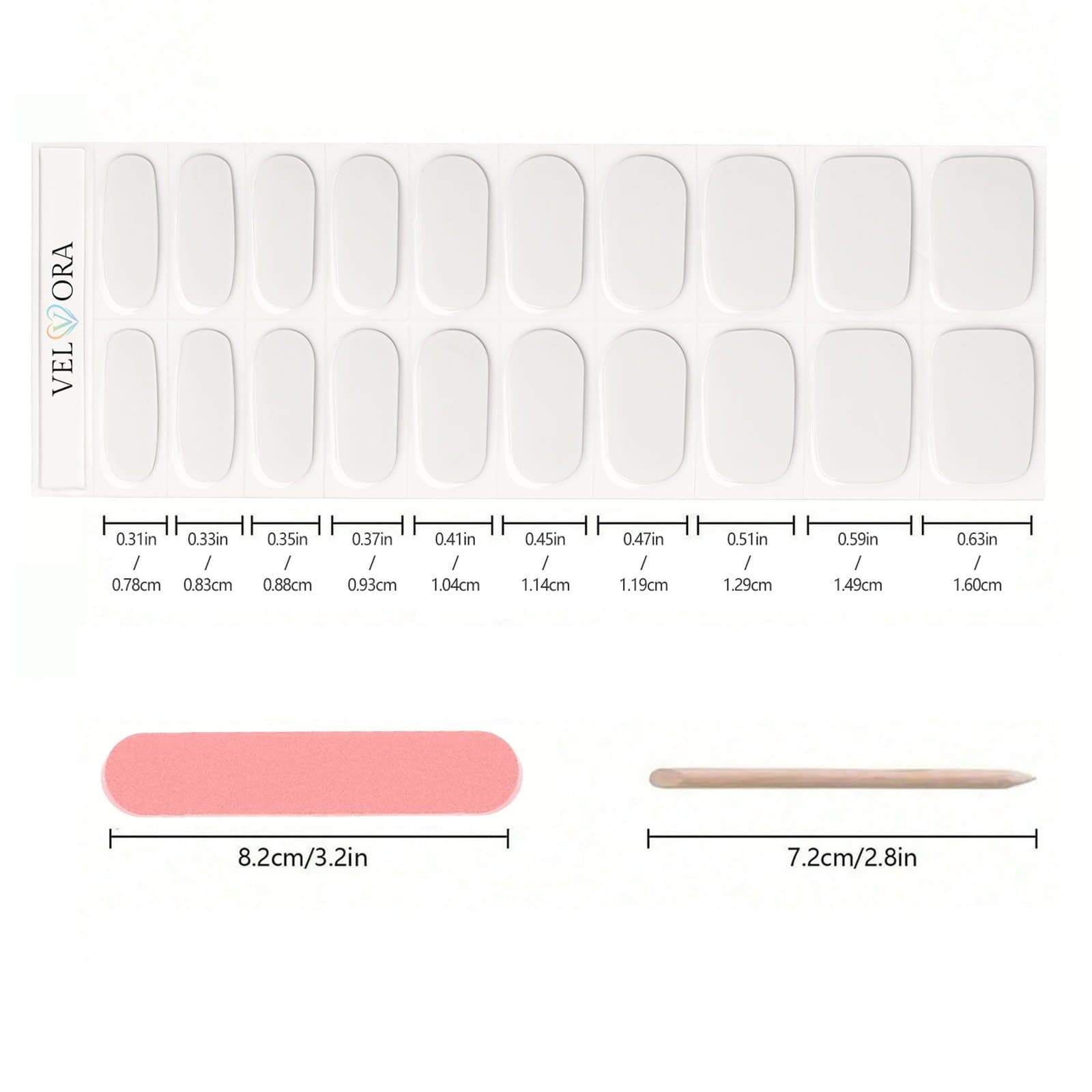 Velvora nail strip size guide with widths for each finger