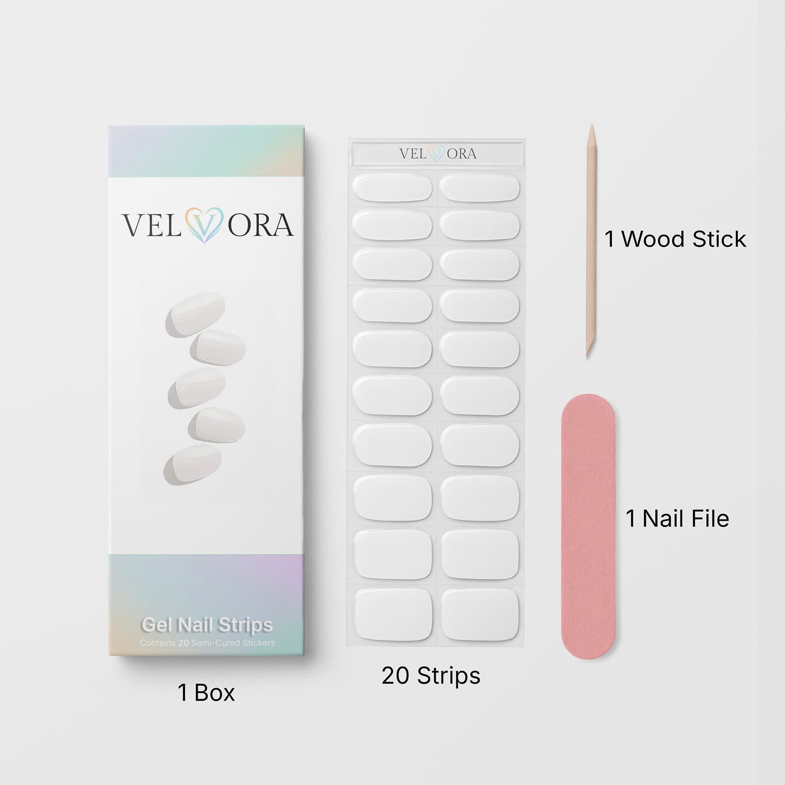 Everything in the box: 1 box, 20 gel strips, 1 wood stick and 1 nail file