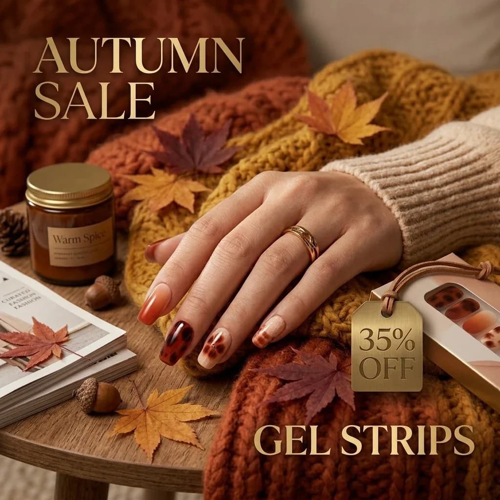 Autumn Sale, 35% off Velvora semi-cured gel nail strips, worn on autumn-toned nails beside knitwear and fallen leaves