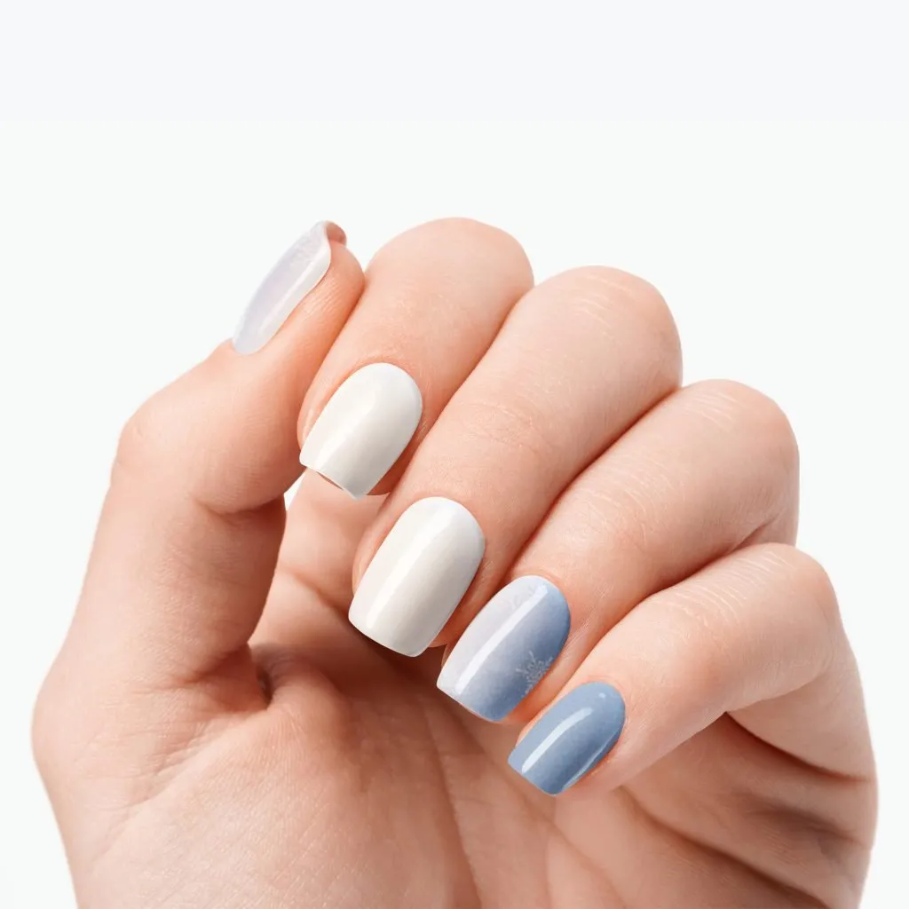 Icy Sparkle nail strips by Velvora, shown on real nails