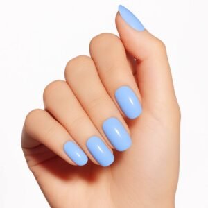 Hand showing semi-cured gel nail strips in Cloud Nine
