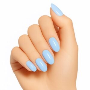 Hand showing semi-cured gel nail strips in Coastal Breeze
