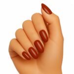 Hand showing semi-cured gel nail strips in Cocoa Chic