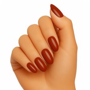 Hand showing semi-cured gel nail strips in Cocoa Chic