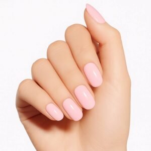 Hand showing semi-cured gel nail strips in Pink Blush