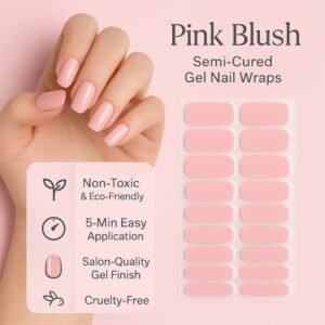 Hand wearing Pink Blush semi-cured gel nail wraps with product tray, showing eco-friendly and salon-quality finish