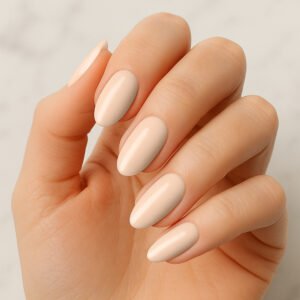 Hand with almond-shaped nails wearing colourful pastel semi-cured gel nail strips in blue, yellow, lavender, green, and pink – playful spring manicure for vibrant at-home nail styling.