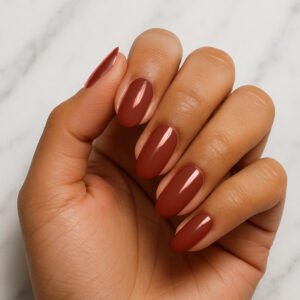 Hand with almond-shaped nails wearing glossy chocolate brown semi-cured gel nail strips – rich cocoa-toned manicure for a chic, autumn-ready at-home nail look.