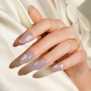 Close-up of Lilac Daisies semi-cured gel nail strips by Velvora, floral nail wraps available online in the UK