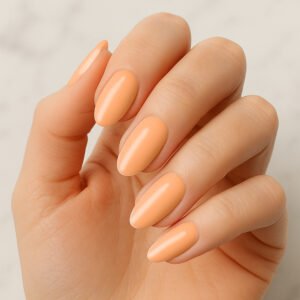 Hand with almond-shaped nails wearing glossy peachy orange semi-cured gel nail strips from Velvora – bright, feel-good manicure for UK beauty lovers wanting effortless, salon-quality nails at home.