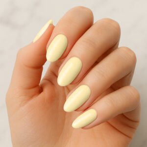 Velvora Sunburst Yellow Gel Nail Strips on almond-shaped nails – UK online exclusive manicure for vibrant summer style