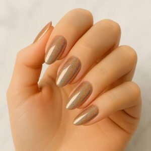 Velvora Aurora Dreams semi-cured gel nail strips in holographic bronze with rainbow shift on almond-shaped nails, product photo for UK customers.