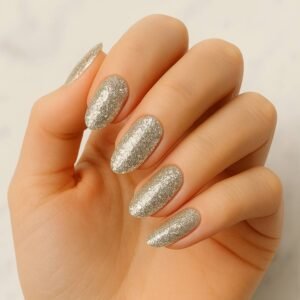 Velvora Champagne Sparkles semi-cured gel nail strips with champagne-gold glitter on almond-shaped nails, product photo for UK customers.