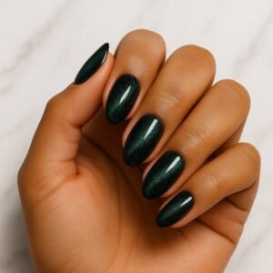 Velvora Emerald Twinkle semi-cured gel nail strips in deep emerald green with subtle shimmer on almond-shaped nails, product photo for UK customers.