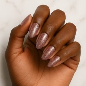 Velvora Golden Glam semi-cured gel nail strips in warm rose-gold glitter on almond-shaped nails, product photo for UK customers