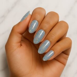 Velvora Holographic Silver semi-cured gel nail strips with rainbow holographic glitter on almond-shaped nails, product photo for UK customers.