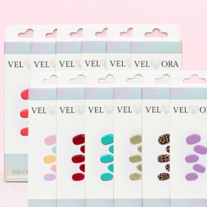 Velvora Mani Vault 12-pack semi-cured gel nail strips with pastel, red, teal, gold chrome, leopard & lilac gel nail wraps