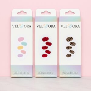 Velvora Mix & Match Trio semi-cured gel nail strips packaging with pastel, red and leopard gel nail wraps for DIY manicure