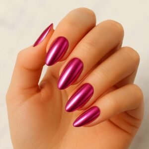 Velvora Pink Chrome semi-cured gel nail strips in mirror-shine metallic fuchsia on almond-shaped nails, product photo for UK customers.