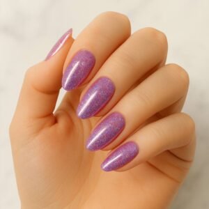 Velvora Pink Stardust semi-cured gel nail strips with holographic pink glitter on almond-shaped nails, product photo for UK customers.