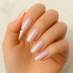 Velvora Rose Pearl semi-cured gel nail strips in soft pearlescent pink on almond-shaped nails, product photo for UK customers