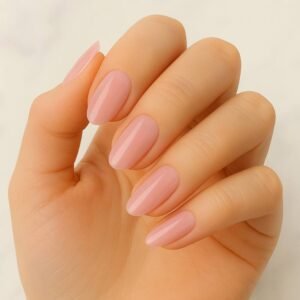 Velvora Rosy Glow semi-cured gel nail strips in soft pink on almond-shaped nails, product photo for UK customers.