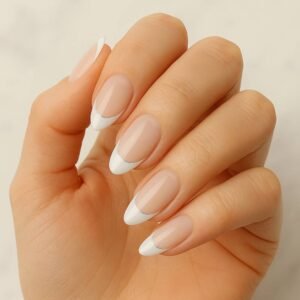 Velvora Silver Lined French Tip gel nail strips applied on almond-shaped nude nails, product photo for UK customers