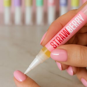Hand applying Strawberry Cuticle Oil Pen to a pink-polished nail after removing semi-cured gel wraps.